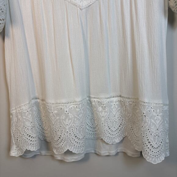 Knox Rose XL White Eyelet Boho Peasant Tunic Top Short Sleeve Eyelet Embroidery - Picture 3 of 16